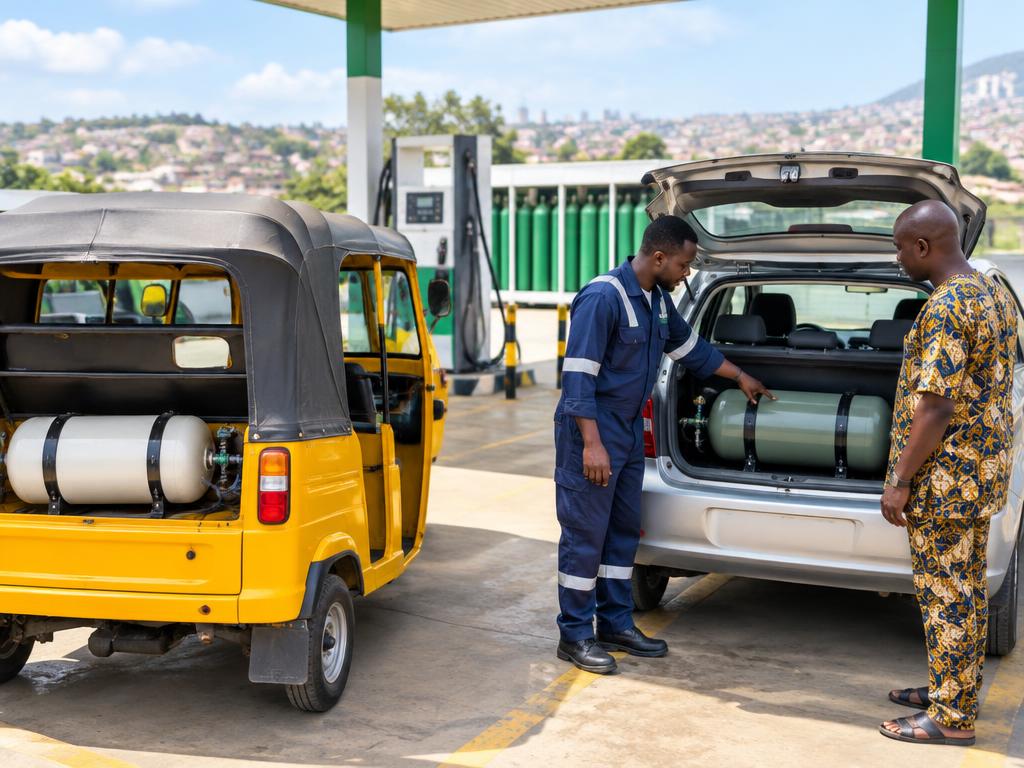 Nigerian keke tricycle and a car with CNG conversion tanks at a refuelling station